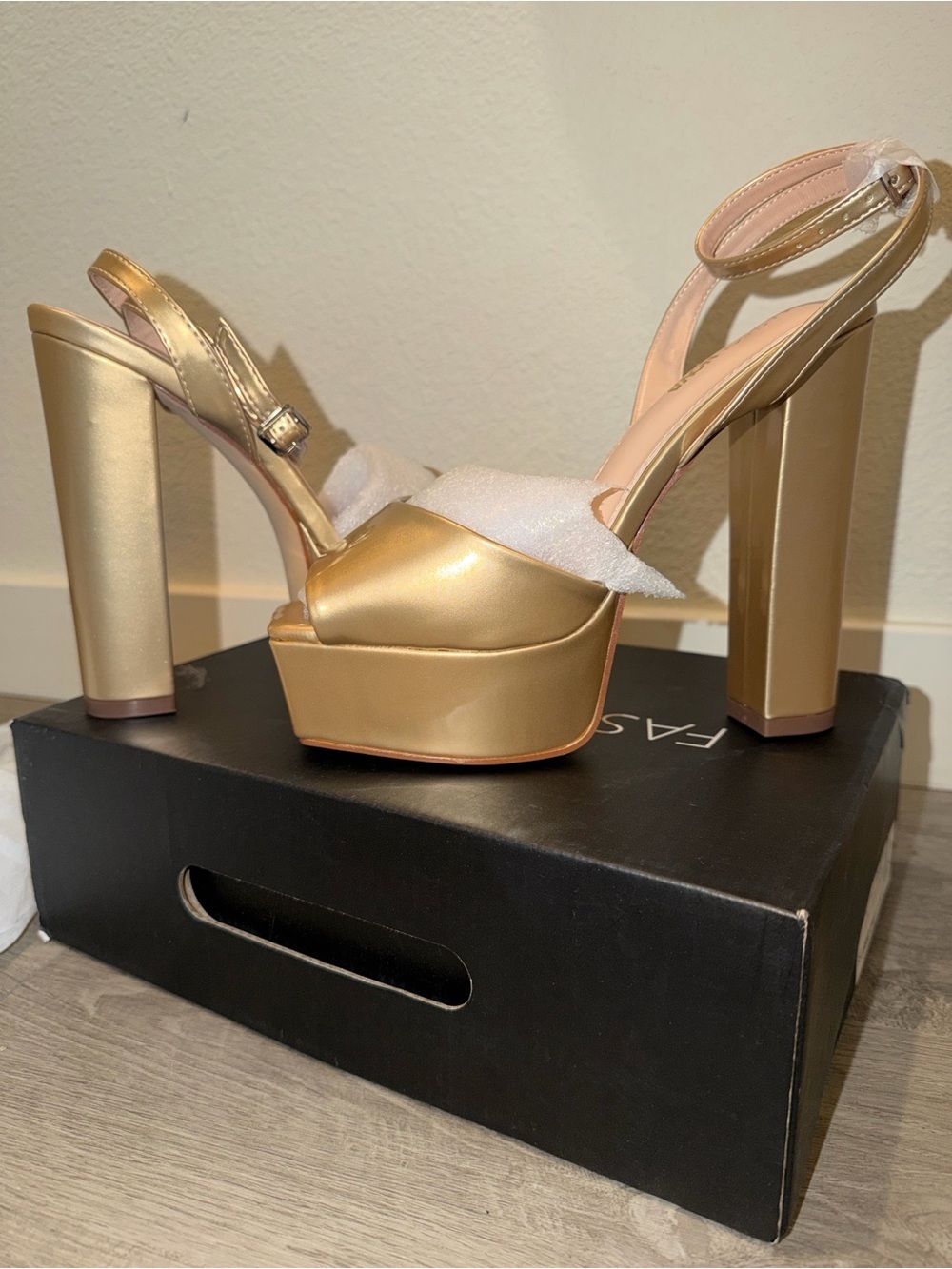 Fashion Nova Metallic Gold Platform Block Heel Sandals